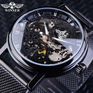 Winner Stainless Steel Mesh Band Transparent Classic Thin Case Hollow Skeleton Mens Male Mechanical Wrist Watch Top Brand Luxury