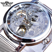 Load image into Gallery viewer, Winner Stainless Steel Mesh Band Transparent Classic Thin Case Hollow Skeleton Mens Male Mechanical Wrist Watch Top Brand Luxury