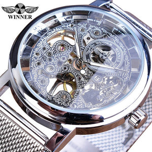 Winner Stainless Steel Mesh Band Transparent Classic Thin Case Hollow Skeleton Mens Male Mechanical Wrist Watch Top Brand Luxury