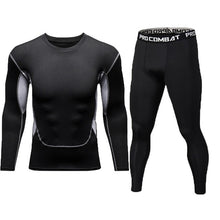 Load image into Gallery viewer, New Fitness Men&#39;s Set Pure Black Compression Top + Leggings Underwear Crossfit Long Sleeve + Short Sleeve T-Shirt Apparel Set