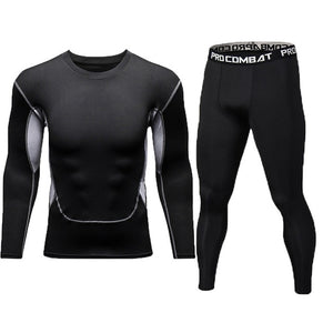 New Fitness Men's Set Pure Black Compression Top + Leggings Underwear Crossfit Long Sleeve + Short Sleeve T-Shirt Apparel Set