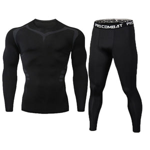 New Fitness Men's Set Pure Black Compression Top + Leggings Underwear Crossfit Long Sleeve + Short Sleeve T-Shirt Apparel Set