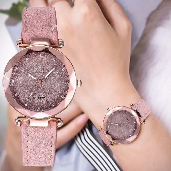 Ladies Minimalist fashion Casual Romantic Starry Sky Wrist Watch Leather Rhinestone Ladies Strap Watch Souvenir Birthday Gifts