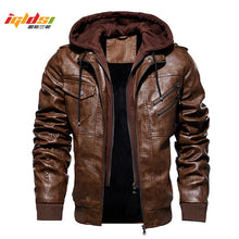 Load image into Gallery viewer, Men&#39;s Winter Warm Fleece Jackets and Coats Autumn Men Hat Detachable Leather Jackets Outwear Motorcycle PU Leather Jacket M-4XL