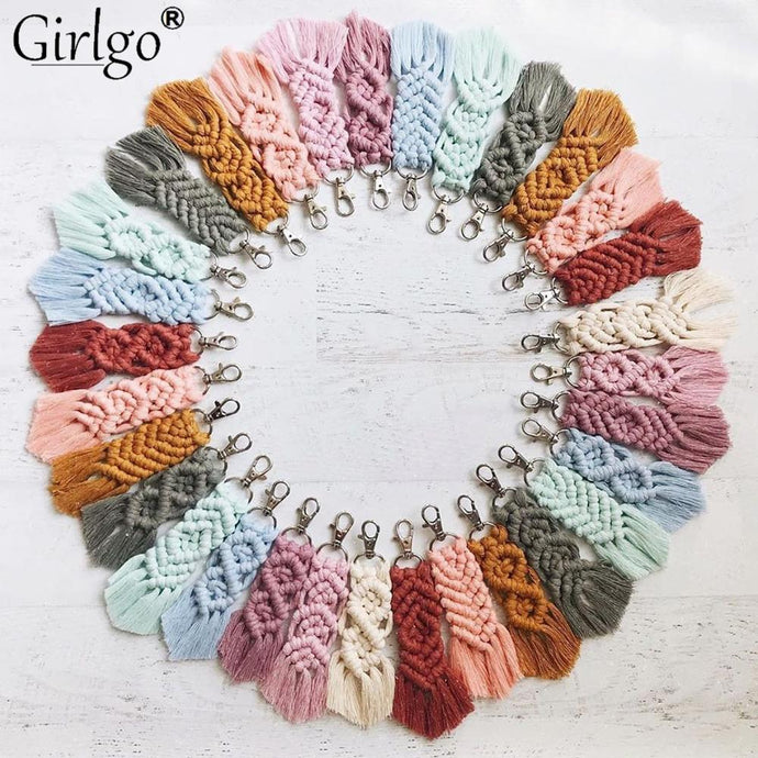 Girlgo Tassel Macrame Keychains for Women Boho Handmade Fiberlove key Holder Keyring Macrame Bag Charm Car Hanging Jewelry Gifts