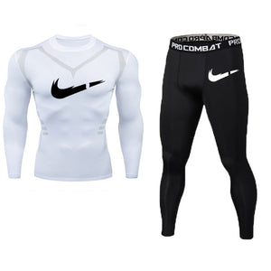 New Fitness Men's Set Pure Black Compression Top + Leggings Underwear Crossfit Long Sleeve + Short Sleeve T-Shirt Apparel Set