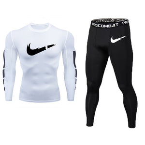 New Fitness Men's Set Pure Black Compression Top + Leggings Underwear Crossfit Long Sleeve + Short Sleeve T-Shirt Apparel Set