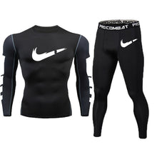 Load image into Gallery viewer, New Fitness Men&#39;s Set Pure Black Compression Top + Leggings Underwear Crossfit Long Sleeve + Short Sleeve T-Shirt Apparel Set