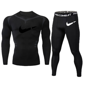 New Fitness Men's Set Pure Black Compression Top + Leggings Underwear Crossfit Long Sleeve + Short Sleeve T-Shirt Apparel Set