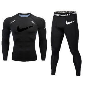 New Fitness Men's Set Pure Black Compression Top + Leggings Underwear Crossfit Long Sleeve + Short Sleeve T-Shirt Apparel Set