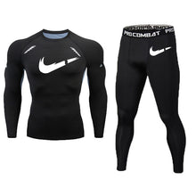 Load image into Gallery viewer, New Fitness Men&#39;s Set Pure Black Compression Top + Leggings Underwear Crossfit Long Sleeve + Short Sleeve T-Shirt Apparel Set