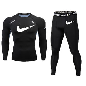 New Fitness Men's Set Pure Black Compression Top + Leggings Underwear Crossfit Long Sleeve + Short Sleeve T-Shirt Apparel Set