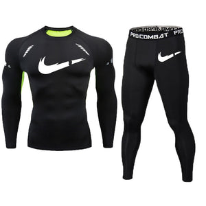 New Fitness Men's Set Pure Black Compression Top + Leggings Underwear Crossfit Long Sleeve + Short Sleeve T-Shirt Apparel Set