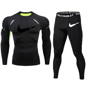 New Fitness Men's Set Pure Black Compression Top + Leggings Underwear Crossfit Long Sleeve + Short Sleeve T-Shirt Apparel Set