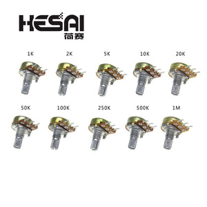 5Pcs/lot WH148 Linear Potentiometer B1K B2K B5K B10K B20K B50K B100K B250K B500K B1M 15mm Shaft With Nuts Washers 3pin WH148