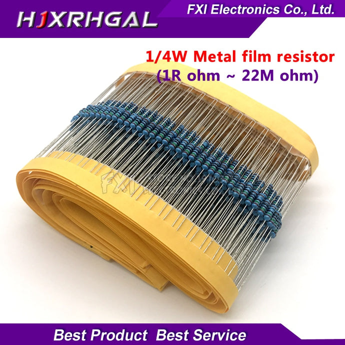 100pcs 1/4W 1R~22M 1% Metal film resistor 100R 220R 1K 1.5K 2.2K  4.7K 10K 22K 47K 100K 100 220 1K5 2K2  4K7 ohm resistance