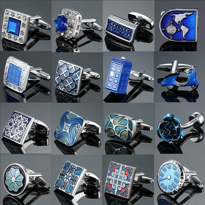 Men's French shirts cufflinks wholesale environmental protection enamel  baking polishing Blue crystal pattern cufflinks