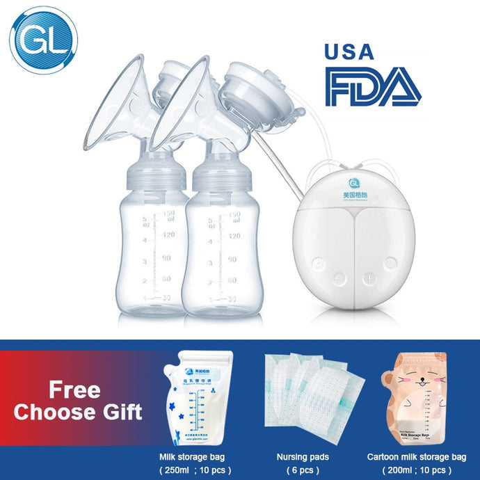 GL Electric Double Breast Pump USB BPA Free Breast Pumps Baby Breast Feeding With Nursing Pads and Breast Milk Storage Gift Set