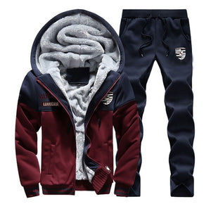 2019 Men Warm Sets Fashion Sporting Thick Suit Patchwork Zipper Hooded Sweatshirt +Sweatpants Mens 2 Pieces Sets Slim Tracksuit